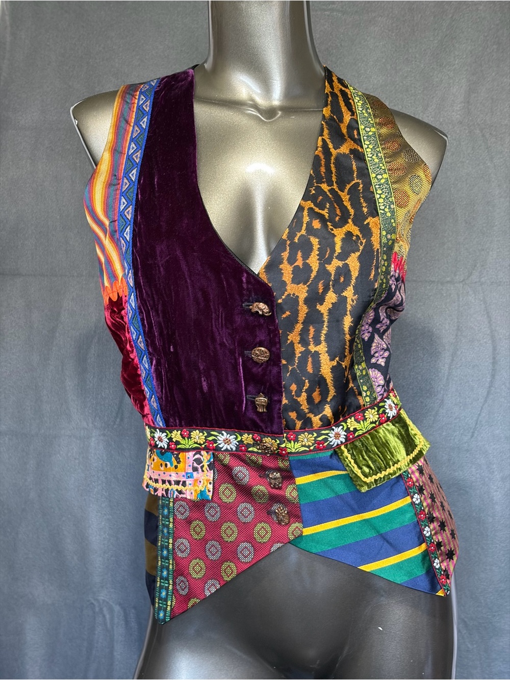 Todd OldHam Times 7 Vintage Patchwork Velvet & Print V-Neck Women's Vest Small